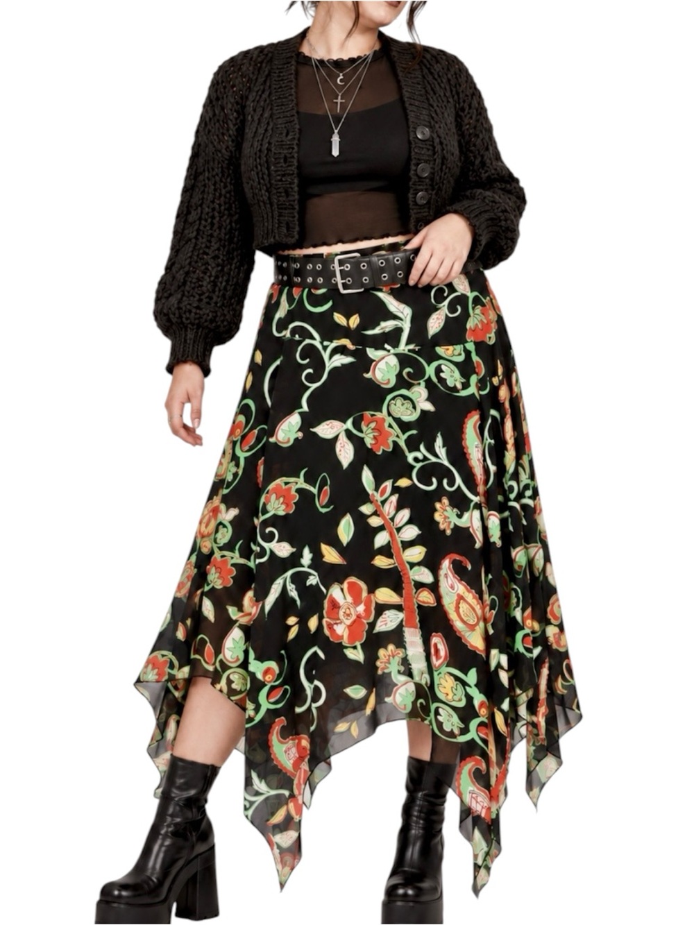 Vintage Y2K Whimsigoth Fairycore Chiffon Floral Paisley Hanky Hem Midi Skirt 14